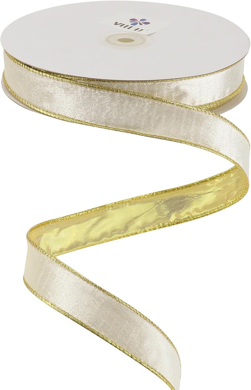 MEEDEE Skinny White Velvet Ribbon with Gold Back Double Sided Christmas Wired Ribbon 1 Inch Velvet Wired Ribbon 25 Yards White Crushed Velvet Ribb...