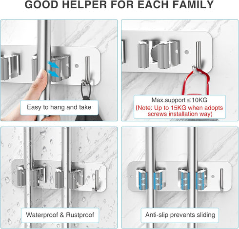 Mop Broom Holder Wall Mounted SUS304 Stainless Steel, Mop Broom Organizer with 2 Installation Methods (No Drilling&Screw Drilling Installation 2 I...
