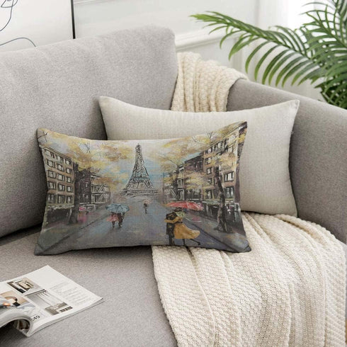 Paris Pillow Cover 12x20 inch Oil Painting Autumn Lovers Kiss on Rainy France Street Eiffel Tower Pillows Decorative Throw Pillows Farmhouse Decor...