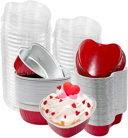 50Pcs Mini Heart Shaped Cake Pans with Lids,100 ml 3.4 oz Disposable Cupcake Cup Mini Aluminum Foil Baking Cups Ramekins Muffin Cupcake Liners for...