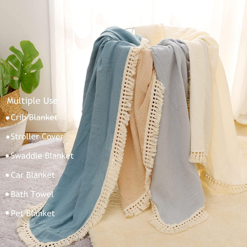 insular Cotton Muslin Baby Blanket with Tassel, Boho Bohemian Muslin Swaddle Blanket Baby Receiving Blanket with Fringe, Nursery Decor Throw or Nu...