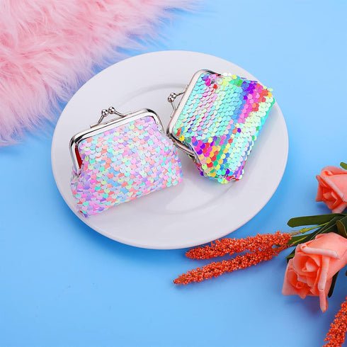 Prasacco 2 Pcs Sequin Coin Purses Reversible Sequin Mini Wallet with Kiss-Lock Closure Colorful Change Coin Purse Bag Handbags for Kids Girls Wome...