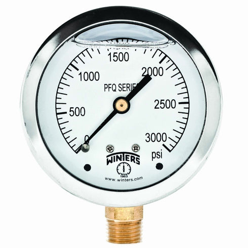 Winters 2-1/2" Dial Size, Liquid Filled Industrial Pressure Gauge, Brass Internals, 304 Stainless Steel Case, Single Scale 0-3,000 psi, 1.5% Acc, ...
