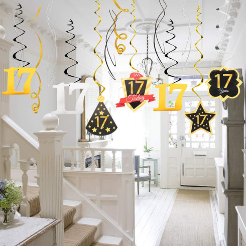 LINGTEER Happy 17th Birthday Decorations - 12 Pcs Birthday Black & Gold Foil Swirls Streamer Set,Cheers to Seventeen Years Old Bday Party Gift Dec...