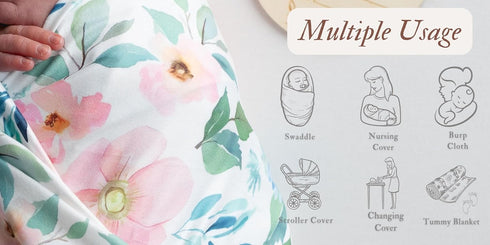 Newborn Floral Print Blanket Baby Stretch Wrap Swaddle Blanket Receiving Blanket with Matching Headband and Beanie (Green and Pink)...