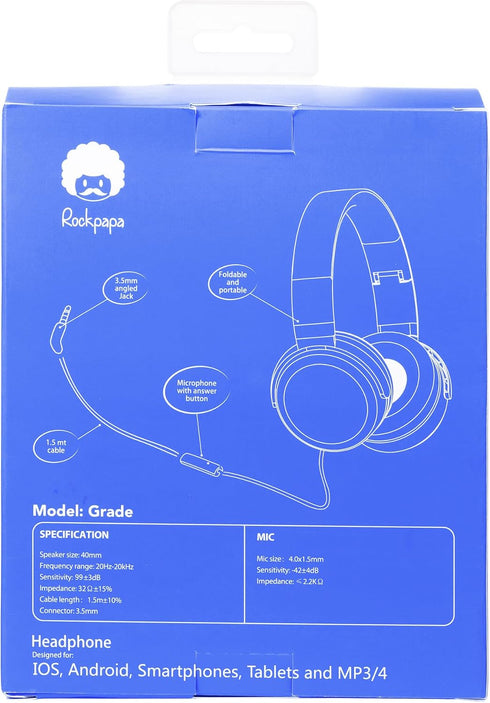 rockpapa Grade Wired Headphones with Microphone, Lightweight Foldable Stereo Bass Headphones with No-Tangle Cord & 3.5mm Jack for Adult/Kids, Lapt...