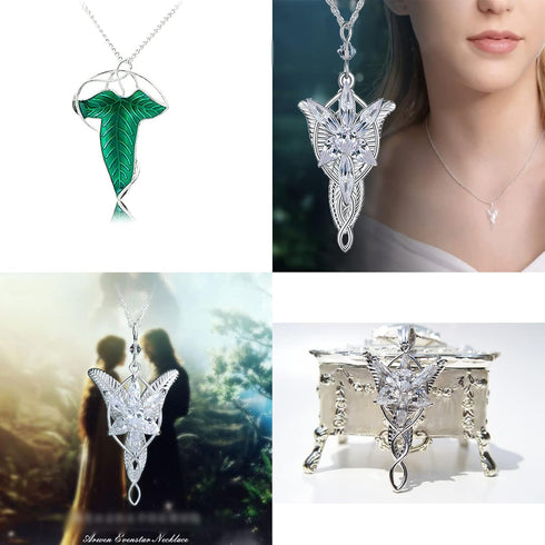 3pcs Arwen Evening Star Butterfly Brooch Lord of The Ring Hobbit Necklace Vintage Green Leaf Elven Pin Brooch Pendant Chain Necklace...