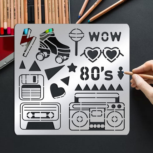 BENECREAT 80s Stainless Steel Stencils, 6x6 inch Retro Radio Drawing Stencils Templates for Painting, Wood Burning, Journaling...