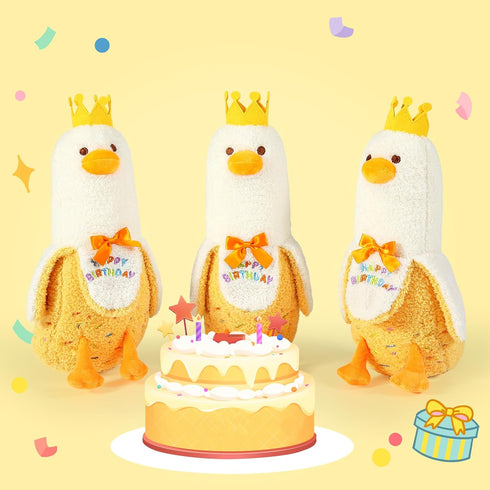 PEACH CAT Banana Duck Plush Pillow with Birthday Party Crown Banana Duck Stuffed Animal for Birthday Gift for Kids Yellow 12"...