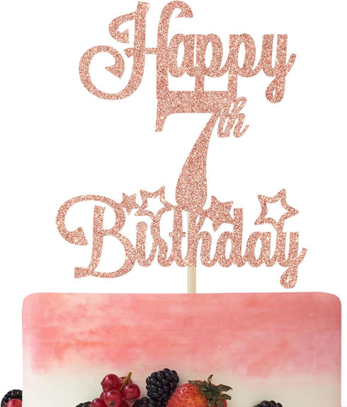 Happy 7th Birthday Cake Topper, Cheers to 7 Years, Hello 7, 7th Birthday Anniversary Party Decorations Rose Gold Glitter....