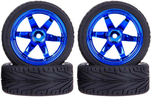 4PCS 1:10 RC Tires and Plastic Wheels Rims for 1/10 Scale On Road Touring Racing Drift Car Traxxas HSP HPI Tamiya (Blue)...