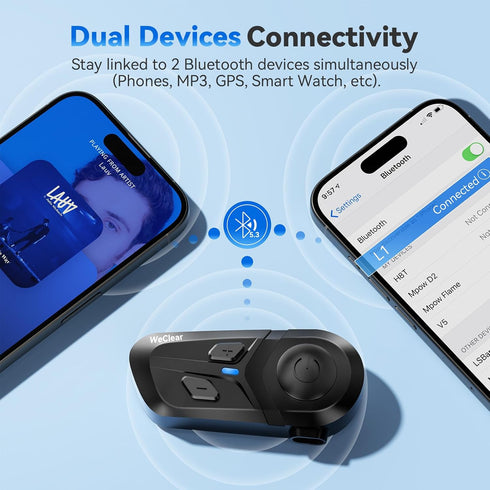 L1 Motorcycle Bluetooth Headset, IP67 V5.3 Helmet Headphone with HD Audio Speakers, Hands-Free Call/Music/GPS, Dual Devices Connectivity/Fast Char...
