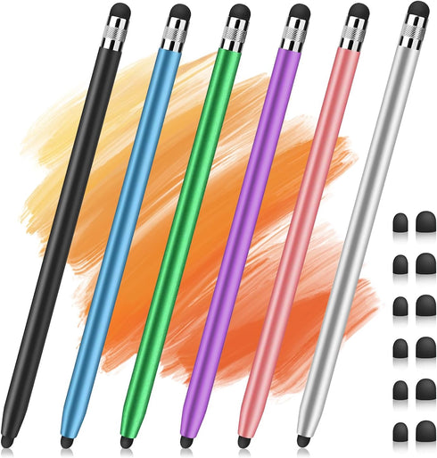 6 Pcs Stylus Pens for Touch Screens, 2 in 1 High Sensitivity Capacitive Stylus Pencils with 12 Extra Replaceable Rubber Tips for iPad iPhone Andro...