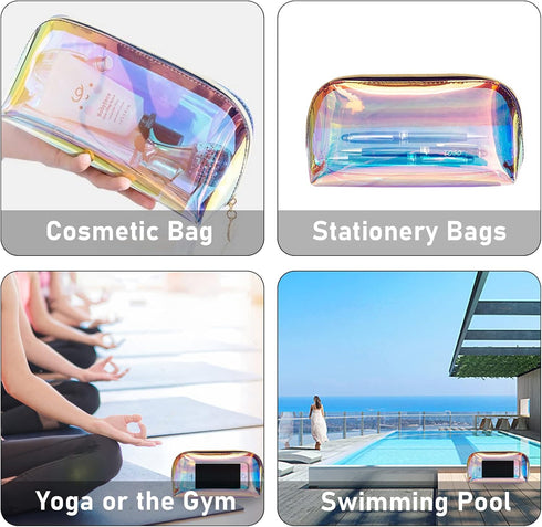 Holographic Makeup Bag Iridescent Cosmetic Pouch Clear Waterproof Portable Travel Cosmetic Pouch TPU Zippered Toiletry Organizer bag for Women 3PC...