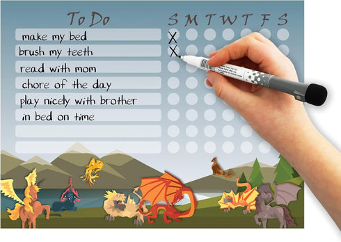 Kid’s Dry Erase Whiteboard Chore Chart | Removable and Restickable Adhesive Decal | Fine-Tip Magnetic Marker Included | 9” x 12" (Mythical Creatur...