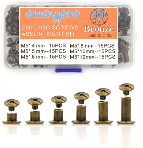 90 Sets Chicago Screws Assorted Kit 6 Sizes Bronze Leather Rivets 3/16(5mm) Screw Rivets Phillip Head Book Binding Posts Nail Rivet Chicago Bolts ...