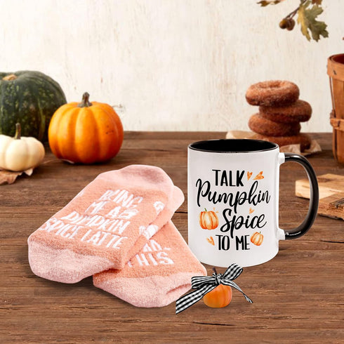 Fall Gift Box Set with Pumpkin Spice Latte Mug And Crew Socks Cake for Her Woman Wife Friends Mother Aunt Funny Present Baskets Autumn Holiday Sou...