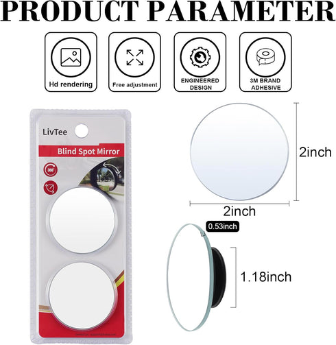 LivTee Blind Spot Mirror, 2" Round HD Glass Frameless Convex Rear View Mirrors Exterior Accessories with Wide Angle Adjustable Stick for Car SUV a...