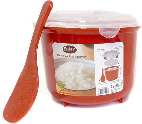 Microwave Rice Steamer Cooker BPA-Free – 2.6L (87.9oz) Red Rice Maker with Lid and Spoon – Dishwasher Safe Microwaveable Cooker for Basmati, Spani...