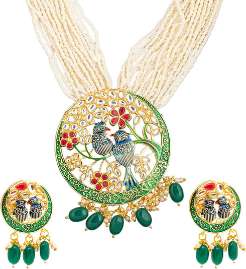 Traditional Indian Gold Plated Green Meenakari, CZ & Multilayer Pearls Adjustable Dori Long Pendant Necklace with Matching Earrings Jewellery/Jewe...