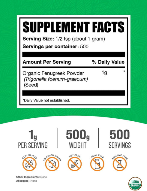 BulkSupplements.com Organic Fenugreek Powder - from Organic Fenugreek Seeds, Trigonella foenum-graecum - Gluten Free, 1g per Serving, 500g (1.1 lb...