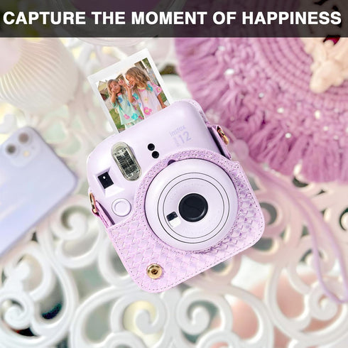 Protective Case for Fujifilm Instax Mini 12 Instant Camera, PU Camera Case with 64 Pocket Mini Photo Album, Cute Camera Strap, Photo Border Sticke...