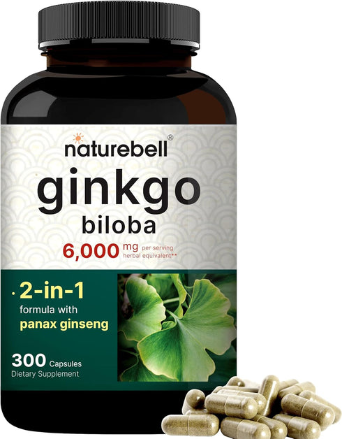 NatureBell Ginkgo Biloba 6,000mg with Panax Ginseng 500mg Per Serving | 300 Capsules – Max Strength Ginko Biloba Extract Supplements - Promotes Me...