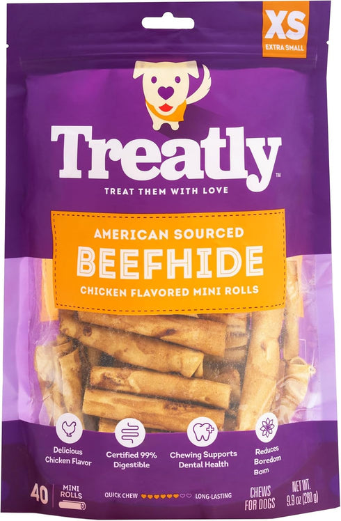 American Sourced Beefhide Mini Rolls 3-3.5" Dog Chew Treats - Chicken Flavor, 40 Count/1 Pack...