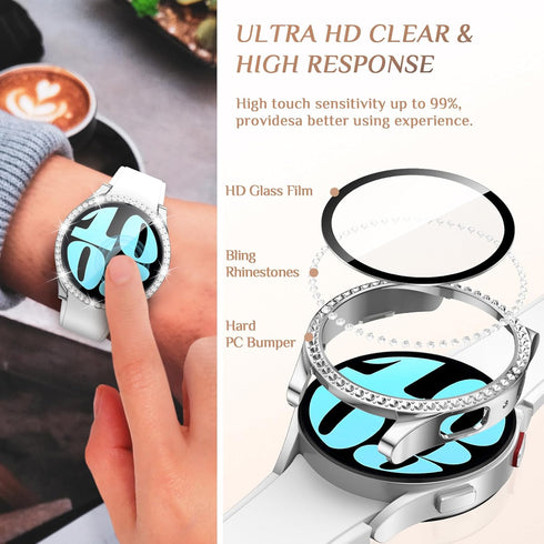 Goton 3-Pack Bling Case for Samsung Galaxy Watch 6 Screen Protector 44mm, Tempered Glass Glitter Diamond Bumper Face Cover for Galaxy Watch 6 Acce...