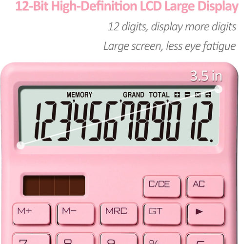 Standard Calculator 12 Digit,Pink Desktop Dual Power Battery and Solar,Desk Calculators with Large LCD Display,Perfect for Home, Office,and School...