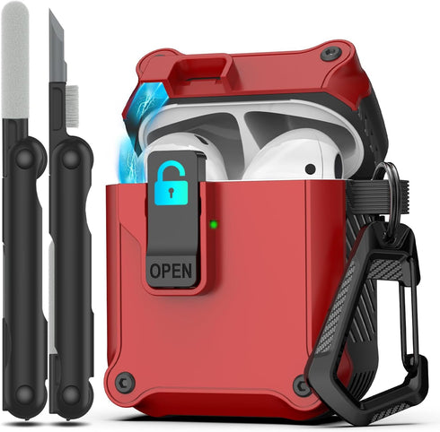 Airpods 2nd and 1st Generation Protective Cases Automatic Pop-up with Safety Lock Clip, Full Body Shockproof Hard Case with Keychain (Free Cleanin...