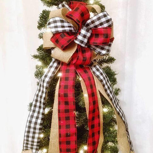 Christmas Tree Topper Large Buffalo Plaid Burlap Red and Black Gift Bow for Xmas Tree Handmade Holiday Party Decorations-13 x 29 Inch...
