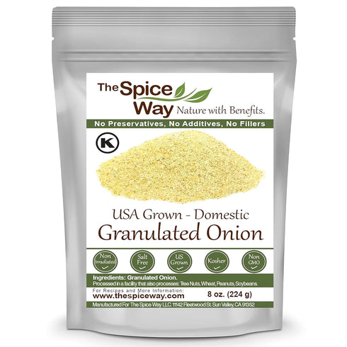 The Spice Way Onion Granules - domestic Granulated Onion (8 oz) a coarse powder, grown and packed in the US....