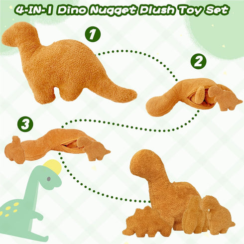 4 Pcs Dino Nugget Pillow Set,Large Chicken Nugget Plush with 3 Small Dinosaur Plush Toys,Dino Stuffed Animal for Birthday Gift Party Favors...
