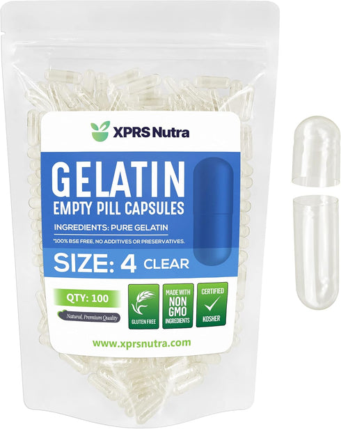 XPRS Nutra Size 4 Empty Capsules - 100 Count Small Clear Empty Gelatin Capsules - Empty Pill Capsules - DIY Capsule Filling - Bovine Pill Capsules...