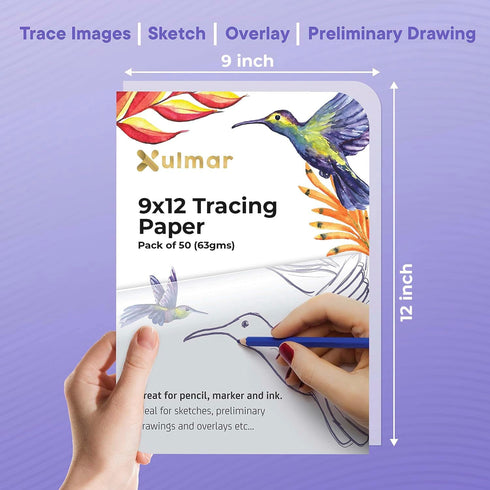 Xulmar Tracing Paper 9x12 63 GSM - Pack of 50 Sheets Tracing Paper for Sewing Patterns, Drawing Overlays & Sketching on Art Paper & Sketch Book...