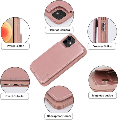 Arae Compatible for iPhone 12/12 Pro 6.1 inch Case with Card Holder - Wallet Case with PU Leather Card Pockets Back Flip Cover - Rose Gold...