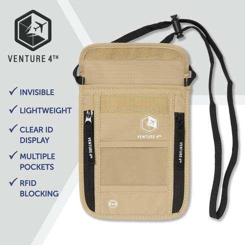 VENTURE 4TH Passport Holder Neck Wallet with RFID Blocking Nylon Lining - Hidden Neck Pouch for Travel (Beige)...