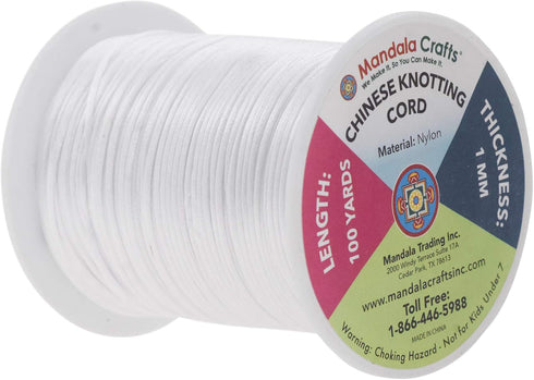 Mandala Crafts Nylon Satin Cord 1mm Rattail Cord White String - 100 Yds Nylon Chinese Knotting Cord Rat Tail Silk Cord for Bracelet Necklace Jewel...