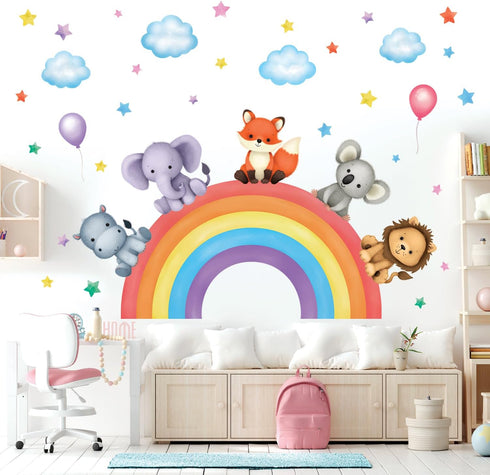 DECOWALL SG3-2318 Baby Animals on Rainbow Wall Stickers Decals Art décor Kids Living Nursery Removable Room Safari Jungle Girls Boys...