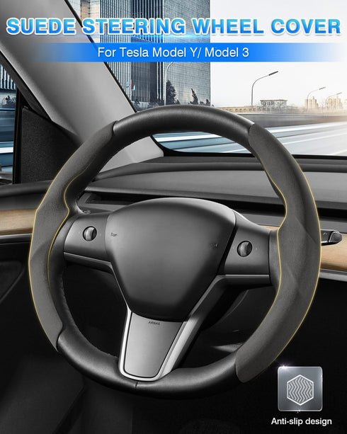 Custom-Fit for Tesla Steering Wheel Cover, Tesla Model Y / 3 Suede Steering Wheel Cover, Non-Slip, Breathable, Durable, Tesla Model Y / 3 Accessor...