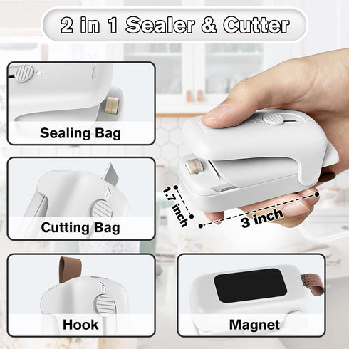 Mini Chip Bag Sealer, Handheld Heat Vacuum Sealer and Cutter, Portable Chip Bag Resealer Machine for Snack Plastic Fresh Bags Cookies - White - 2x...