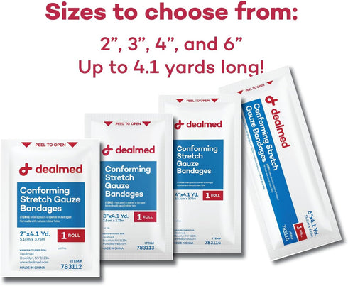 Dealmed 6" Sterile Conforming Stretch Gauze Bandages, 4.1 Yards Latex Free Stretched Dressing Wrap, Medical Non-Adherent Wound Care Mesh Bandages ...