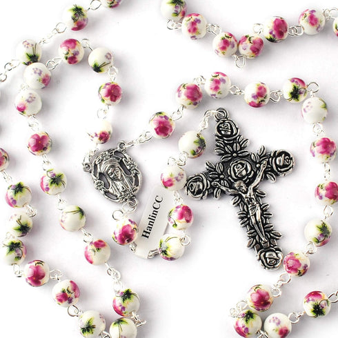 HanlinCC 8mm Round Ceramic Beads with Flower Painting Catholic Rosary Necklace with Maria Center piece and Flower Cross with Leather Gift Box...
