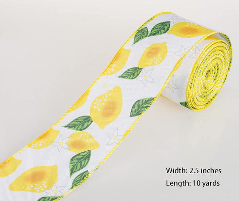 ATRBB Lemon Wired Ribbon, Fruit Pattern Ribbon for Wreaths, Wrapping and Crafting, 2.5 Inches x 10 Yards (White/Green/Yellow-Lemon)...