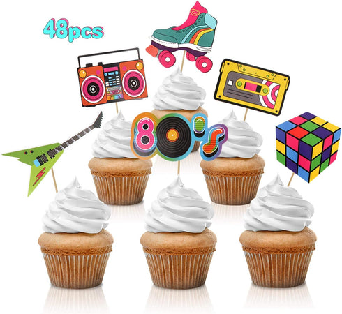 48pcs 80's Cupcake Toppers 80's Retro Cupcake Toppers - Totally 1980s Party DIY Dessert Cupcake Toppers Supplies - 80's Decade Throwback Party Fav...