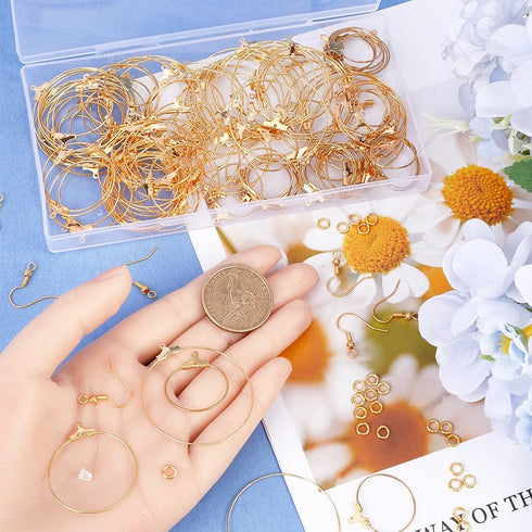 640pcs Gold Earring Beading Hoops Beading Hoop Earring Supplies Golden Brass Round Circle Beaded Kits Findings Ear Nuts Components for Jewelry Mak...