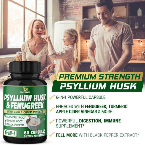 BMVINVOL Psyllium Husk Fiber Supplement t with Fenugreek, Apple Cider Vinegar, Turmeric, Ginger, Black Pepper- Digestion Health Support - 60 Capsu...