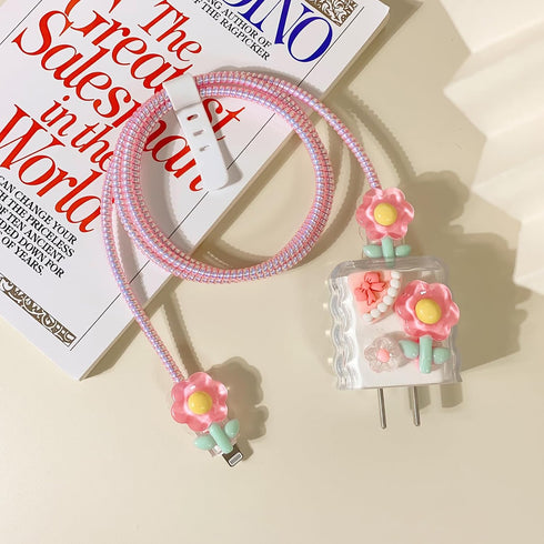 Compatible for iPhone 18W/20W USB-C Charger Cover Clear Lovely 3D Flower Floral Bowknot Design Soft Charger Protector Cute Cable Case Saver Protec...