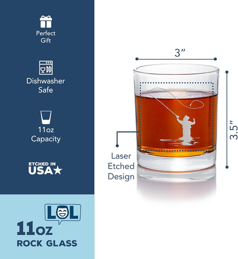 Fly Fisherman Round Rocks Glass - Fisherman Gift, Fishing Glass...